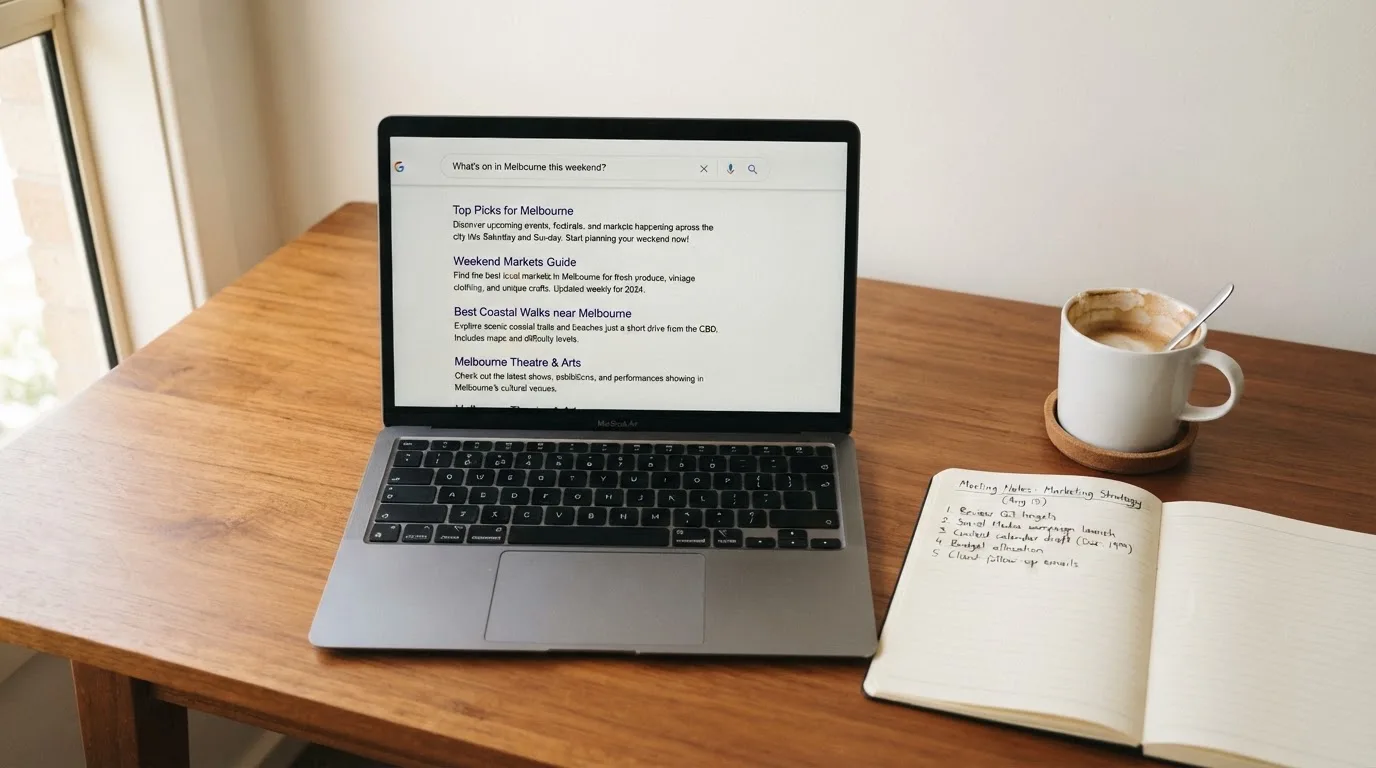 A tidy desk with a laptop open on a plain search-results page, a notebook and a coffee cup beside it, no screens showing any casino branding.