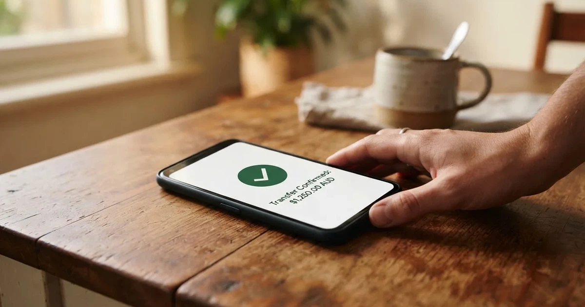 A smartphone screen showing a generic bank-transfer confirmation tick, held over a kitchen table.