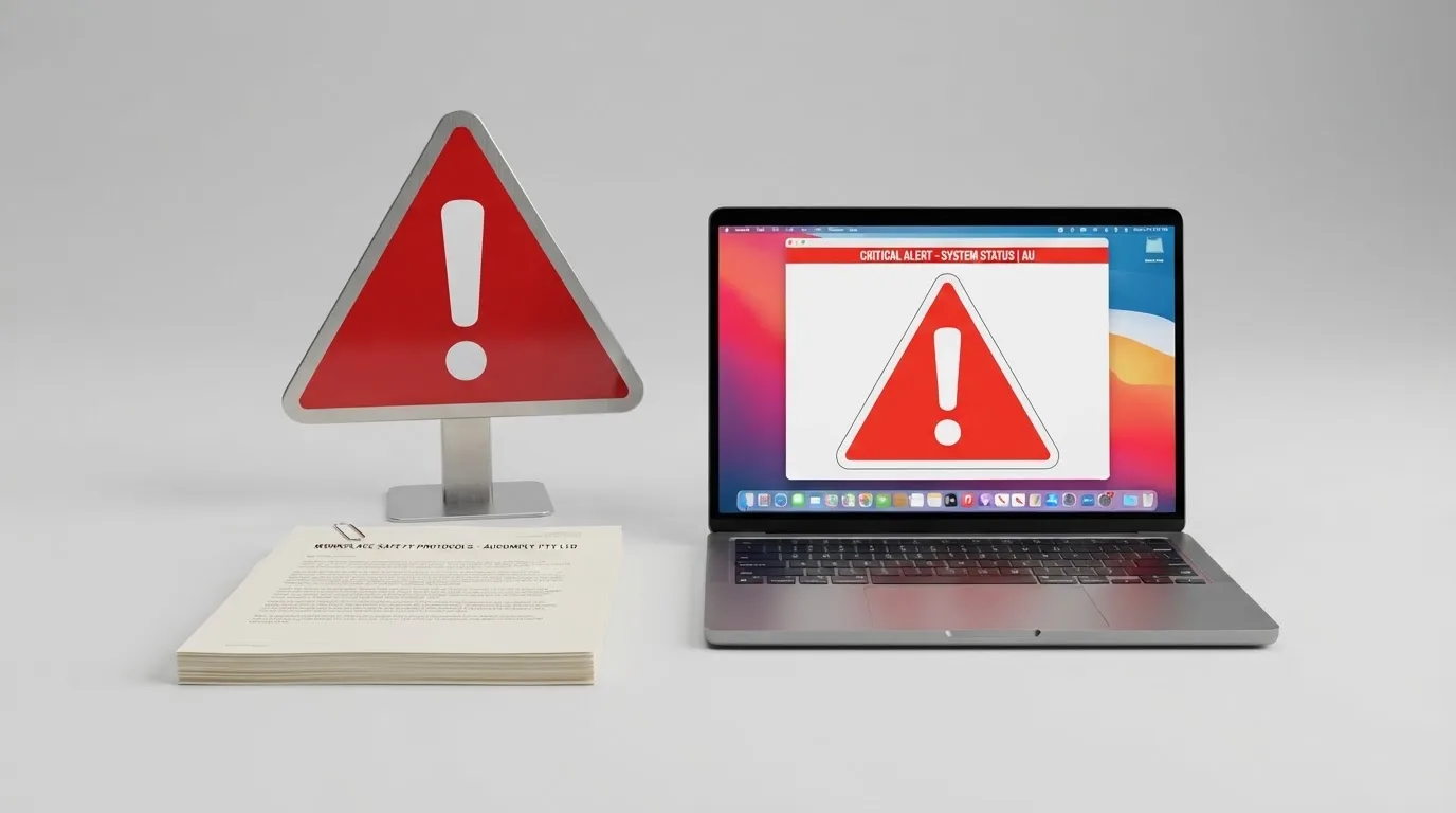A red triangular warning sign icon on a laptop screen next to a stack of legal papers, symbolising an official caution rather than any specific website.