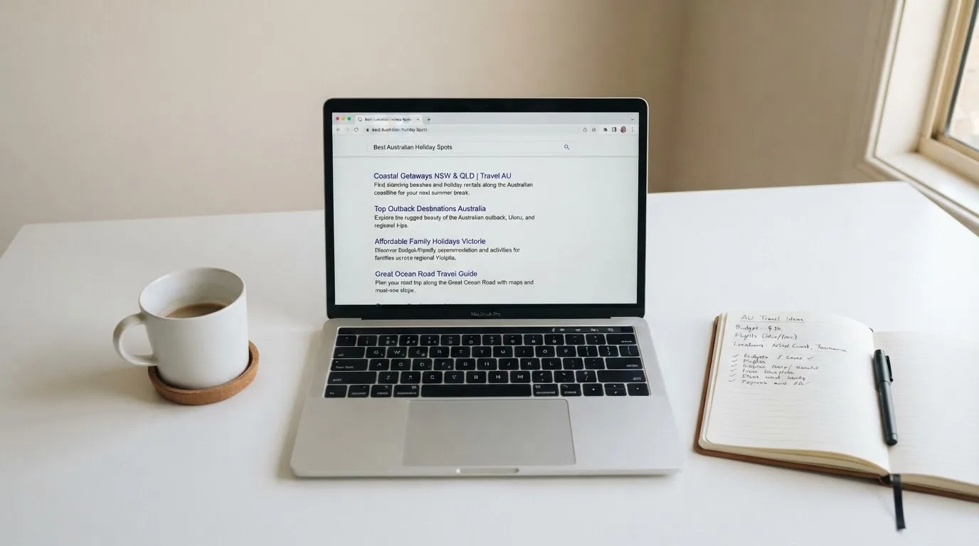 A tidy desk with a laptop open on a plain search-results page, a notebook and a coffee cup beside it, no screens showing any casino branding.