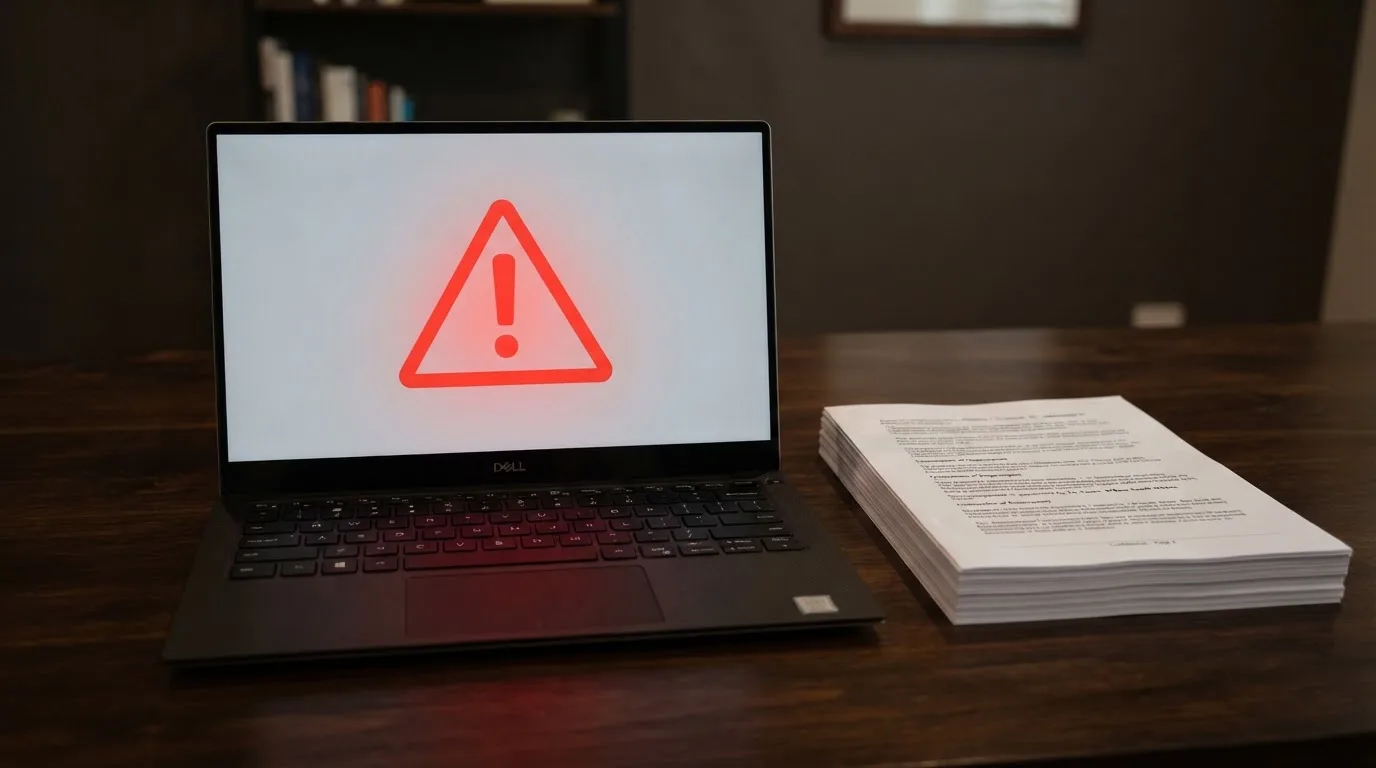 A red triangular warning sign icon on a laptop screen next to a stack of legal papers, symbolising an official caution rather than any specific website.