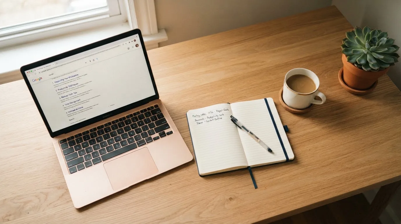 A tidy desk with a laptop open on a plain search-results page, a notebook and a coffee cup beside it, no screens showing any casino branding.