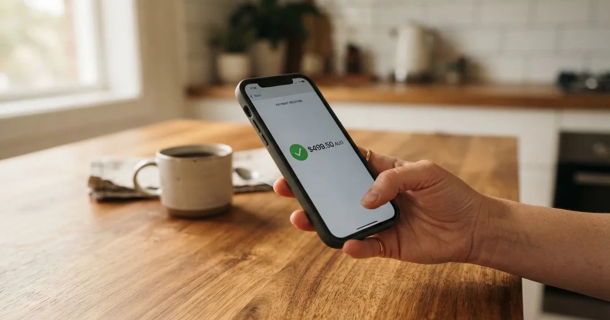 A smartphone screen showing a generic bank-transfer confirmation tick, held over a kitchen table.