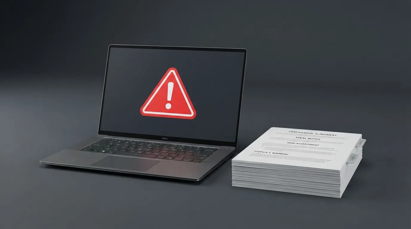 A red triangular warning sign icon on a laptop screen next to a stack of legal papers, symbolising an official caution rather than any specific website.