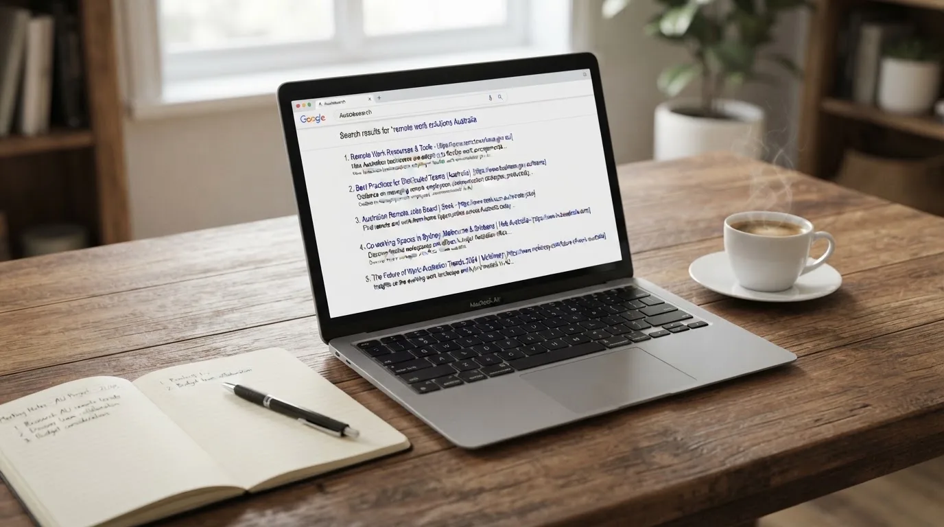 A tidy desk with a laptop open on a plain search-results page, a notebook and a coffee cup beside it, no screens showing any casino branding.