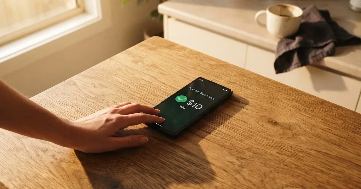 A smartphone screen showing a generic bank-transfer confirmation tick, held over a kitchen table.