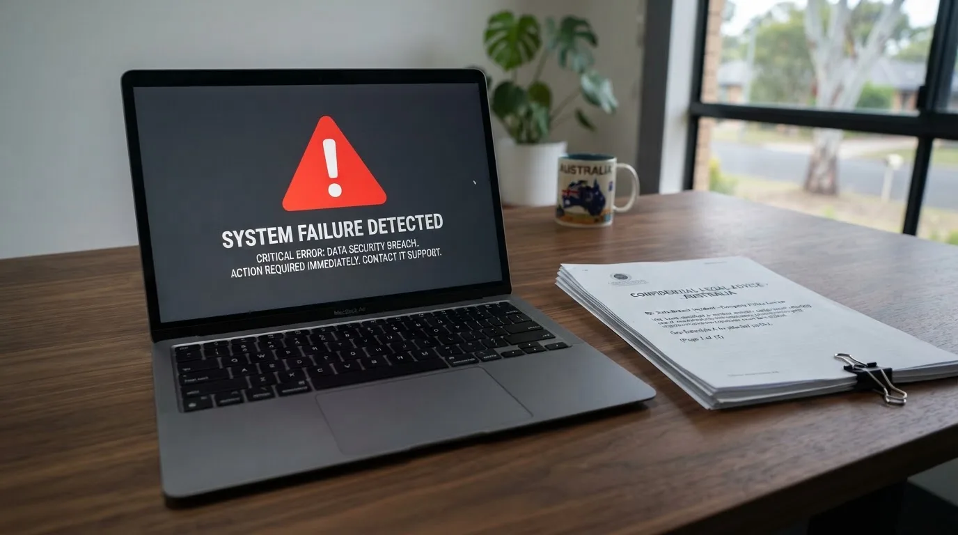 A red triangular warning sign icon on a laptop screen next to a stack of legal papers, symbolising an official caution rather than any specific website.