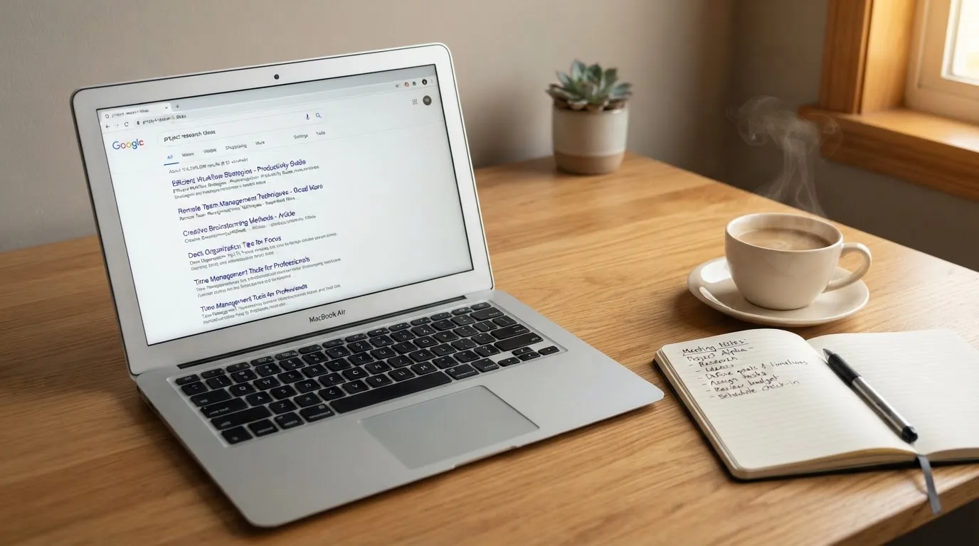 A tidy desk with a laptop open on a plain search-results page, a notebook and a coffee cup beside it, no screens showing any casino branding.