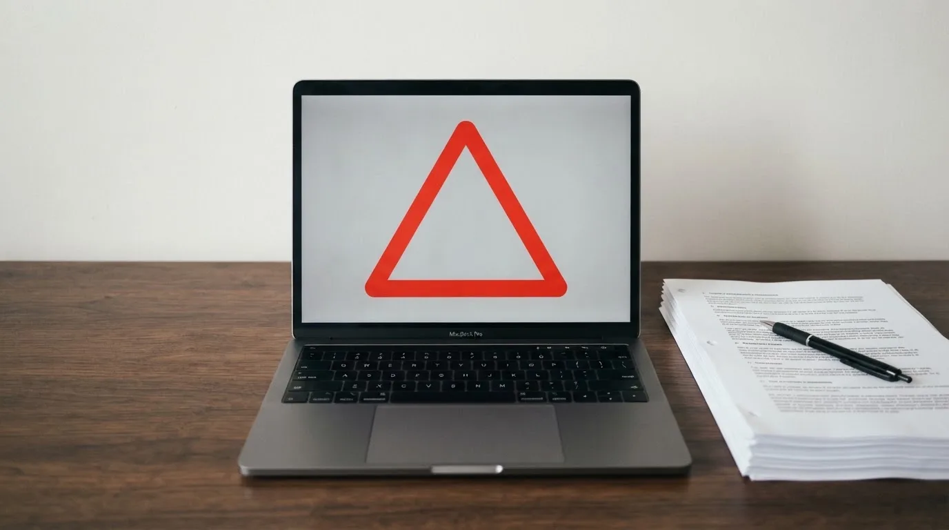 A red triangular warning sign icon on a laptop screen next to a stack of legal papers, symbolising an official caution rather than any specific website.