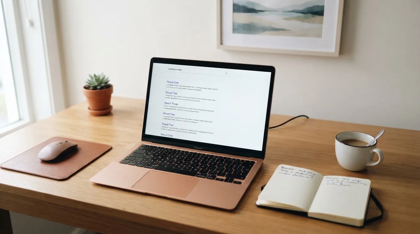 A tidy desk with a laptop open on a plain search-results page, a notebook and a coffee cup beside it, no screens showing any casino branding.