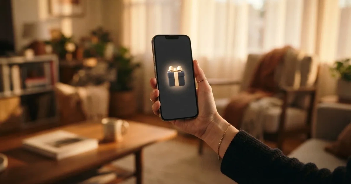 A gift box icon glowing on a phone screen, held at arm's length, suggesting an unopened offer rather than an active game.
