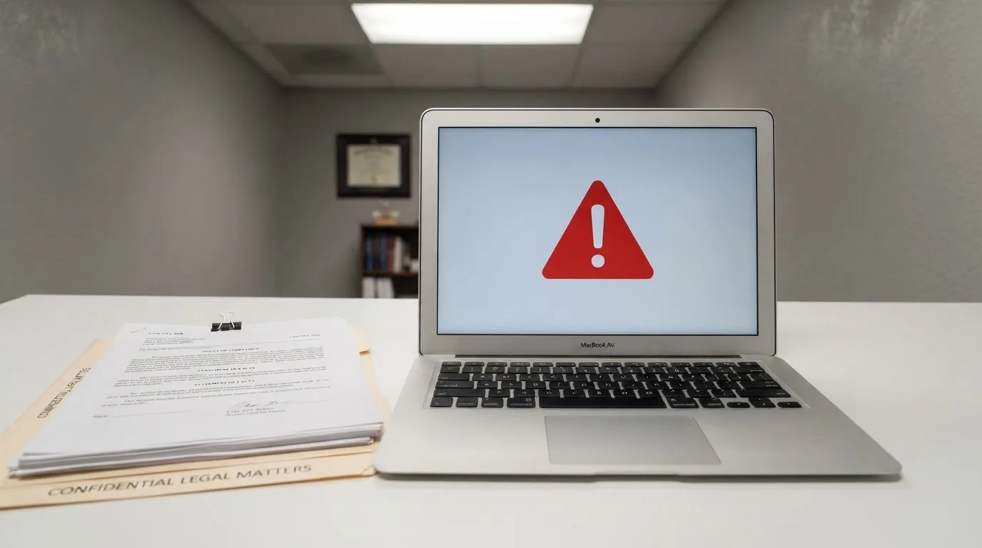 A red triangular warning sign icon on a laptop screen next to a stack of legal papers, symbolising an official caution rather than any specific website.