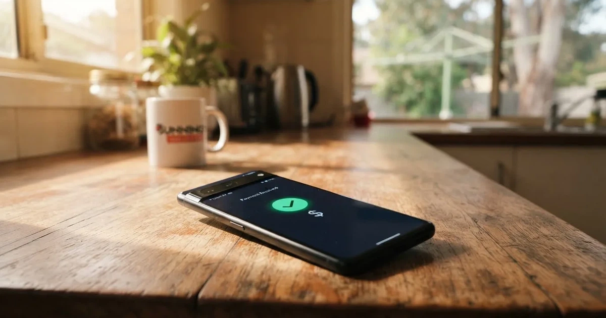 A smartphone screen showing a generic bank-transfer confirmation tick, held over a kitchen table.