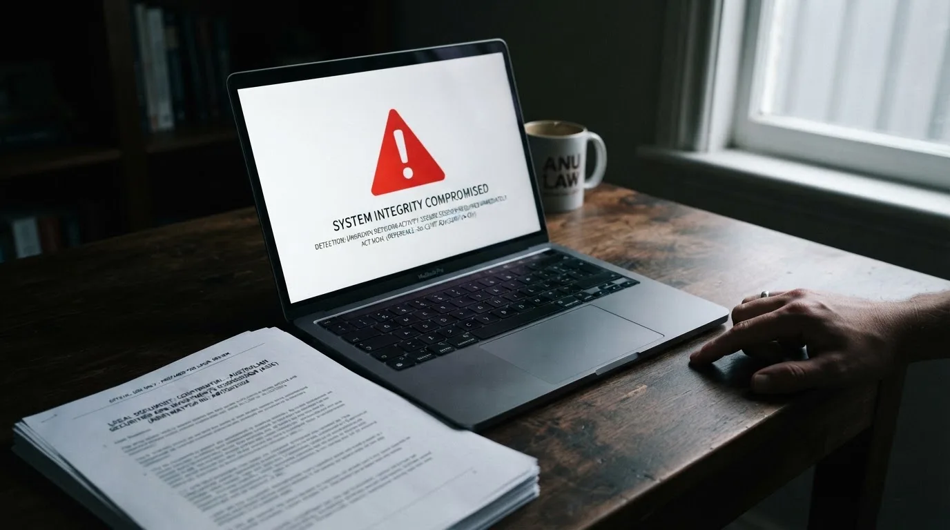 A red triangular warning sign icon on a laptop screen next to a stack of legal papers, symbolising an official caution rather than any specific website.