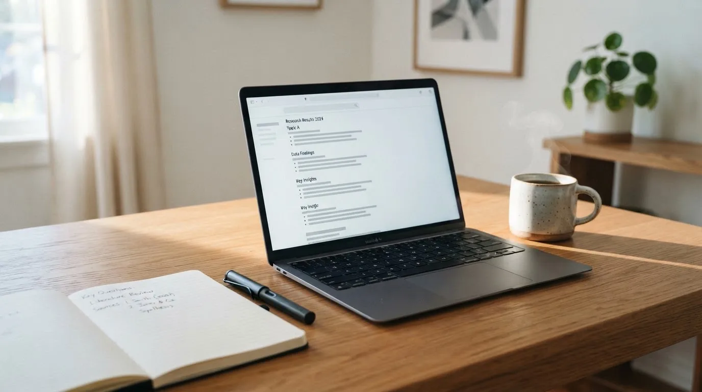 A tidy desk with a laptop open on a plain search-results page, a notebook and a coffee cup beside it, no screens showing any casino branding.