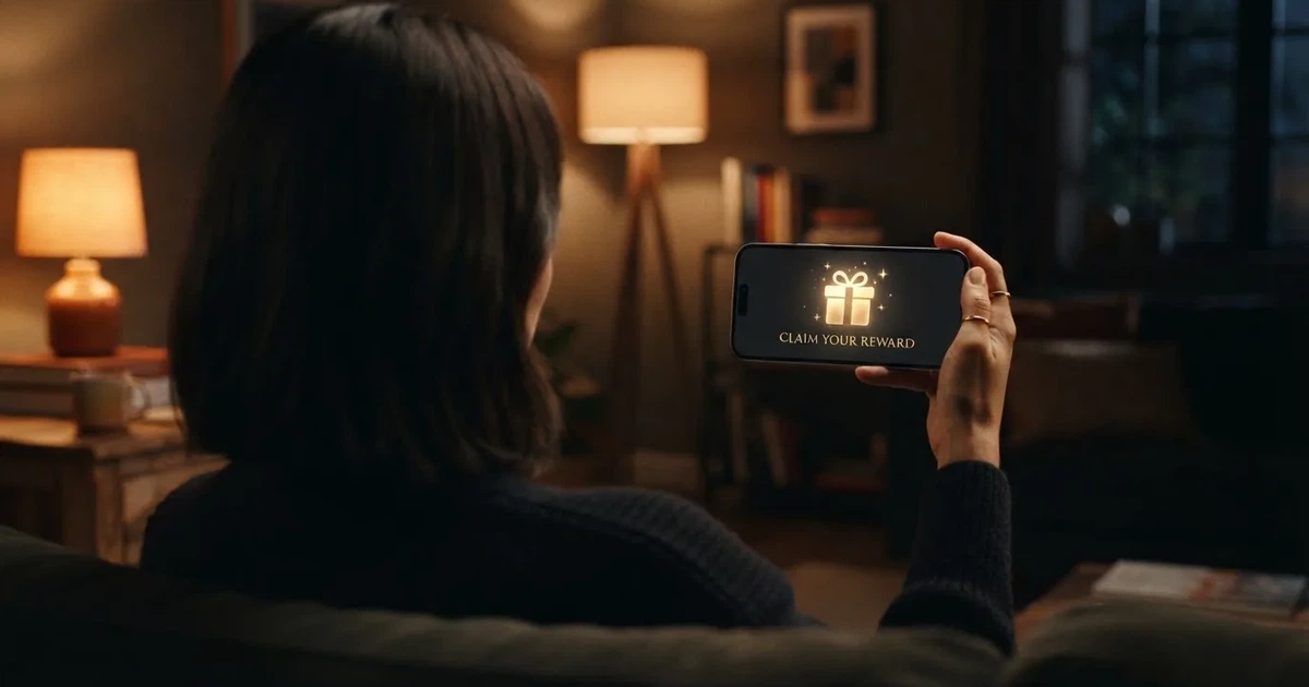 A gift box icon glowing on a phone screen, held at arm's length, suggesting an unopened offer rather than an active game.