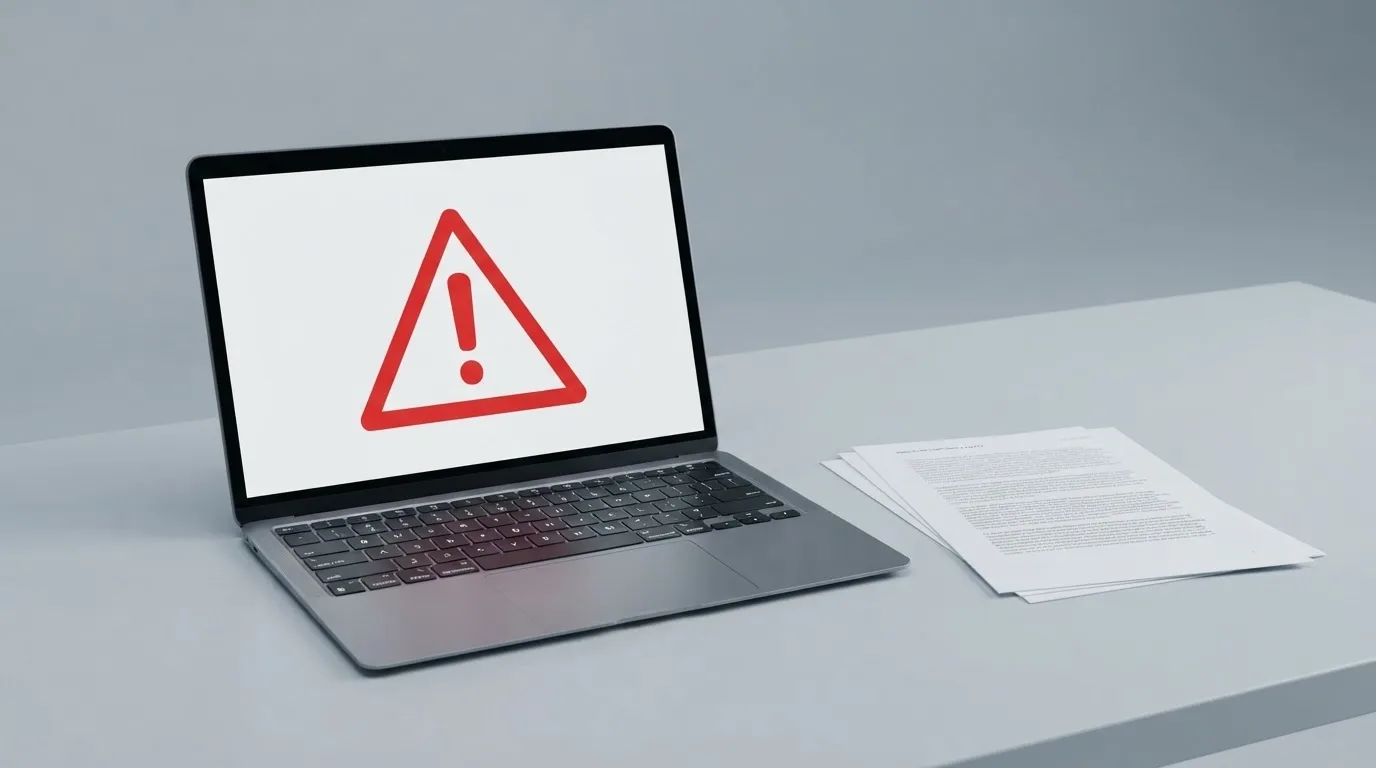 A red triangular warning sign icon on a laptop screen next to a stack of legal papers, symbolising an official caution rather than any specific website.