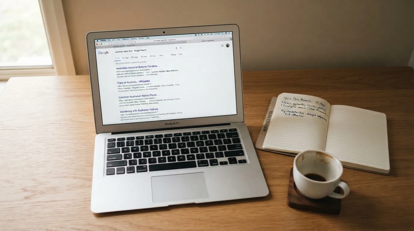 A tidy desk with a laptop open on a plain search-results page, a notebook and a coffee cup beside it, no screens showing any casino branding.