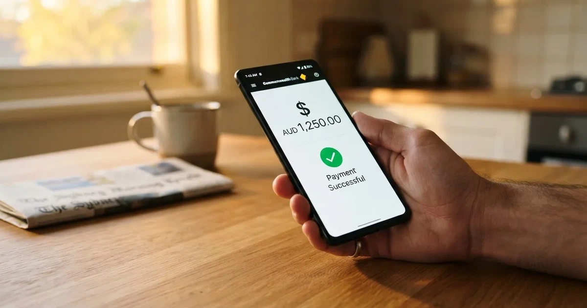 A smartphone screen showing a generic bank-transfer confirmation tick, held over a kitchen table.