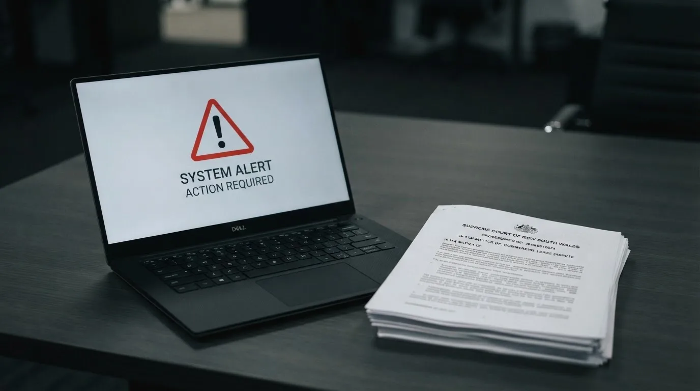 A red triangular warning sign icon on a laptop screen next to a stack of legal papers, symbolising an official caution rather than any specific website.