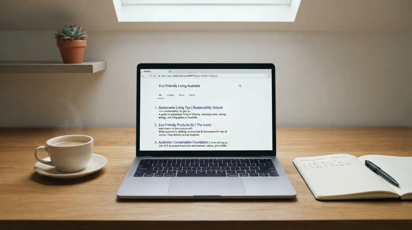 A tidy desk with a laptop open on a plain search-results page, a notebook and a coffee cup beside it, no screens showing any casino branding.