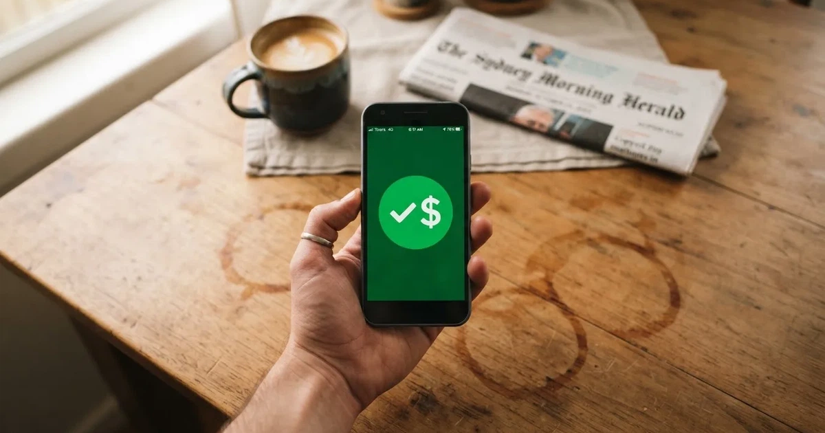 A smartphone screen showing a generic bank-transfer confirmation tick, held over a kitchen table.