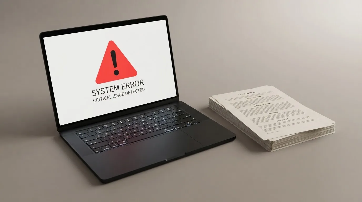 A red triangular warning sign icon on a laptop screen next to a stack of legal papers, symbolising an official caution rather than any specific website.