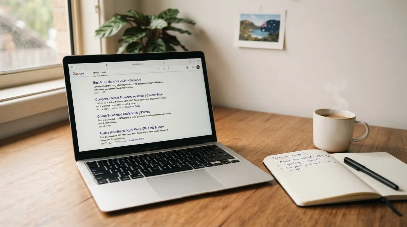 A tidy desk with a laptop open on a plain search-results page, a notebook and a coffee cup beside it, no screens showing any casino branding.