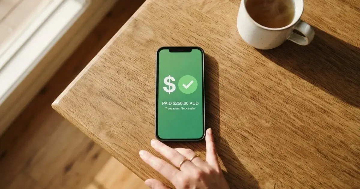A smartphone screen showing a generic bank-transfer confirmation tick, held over a kitchen table.