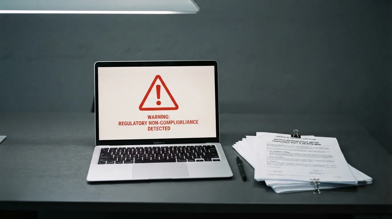 A red triangular warning sign icon on a laptop screen next to a stack of legal papers, symbolising an official caution rather than any specific website.