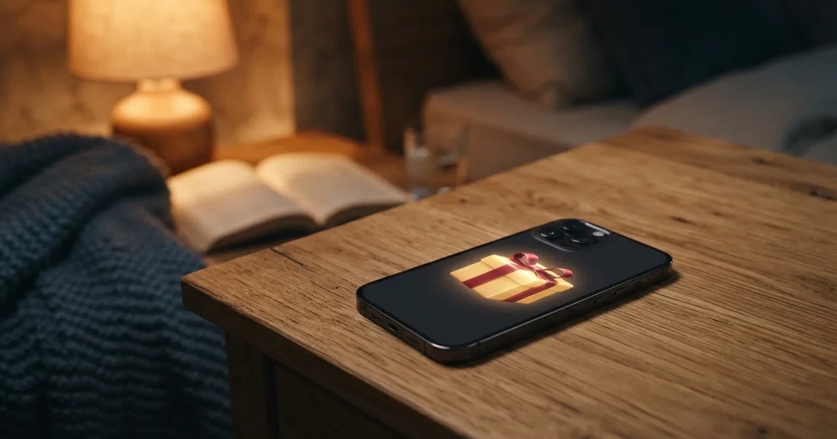 A gift box icon glowing on a phone screen, held at arm's length, suggesting an unopened offer rather than an active game.