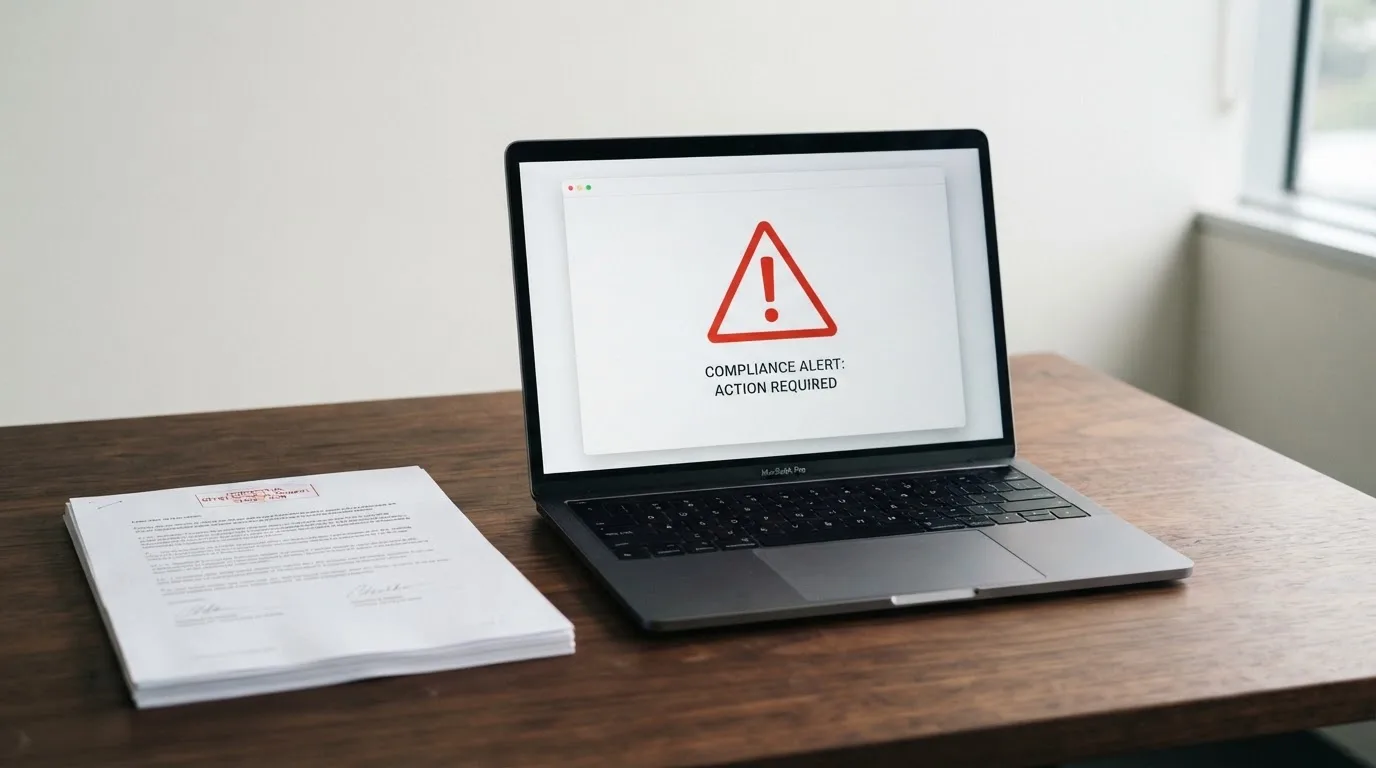 A red triangular warning sign icon on a laptop screen next to a stack of legal papers, symbolising an official caution rather than any specific website.