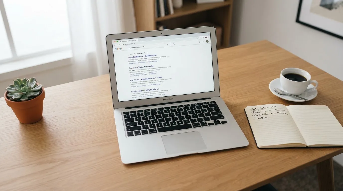A tidy desk with a laptop open on a plain search-results page, a notebook and a coffee cup beside it, no screens showing any casino branding.