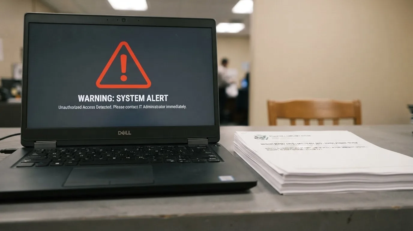 A red triangular warning sign icon on a laptop screen next to a stack of legal papers, symbolising an official caution rather than any specific website.