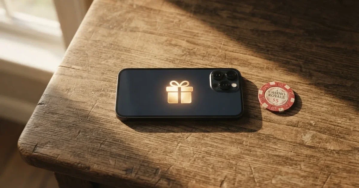 A gift box icon glowing on a phone screen, held at arm's length, suggesting an unopened offer rather than an active game.