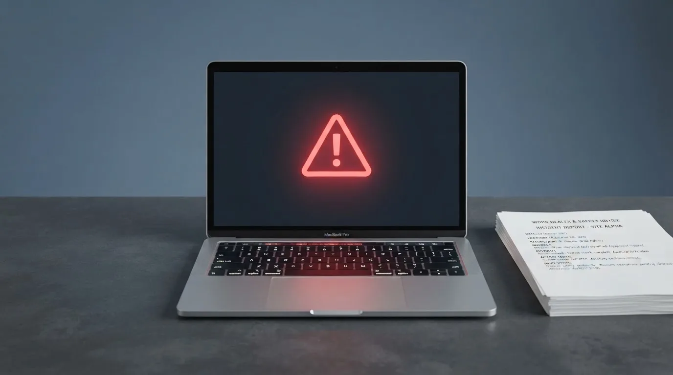A red triangular warning sign icon on a laptop screen next to a stack of legal papers, symbolising an official caution rather than any specific website.