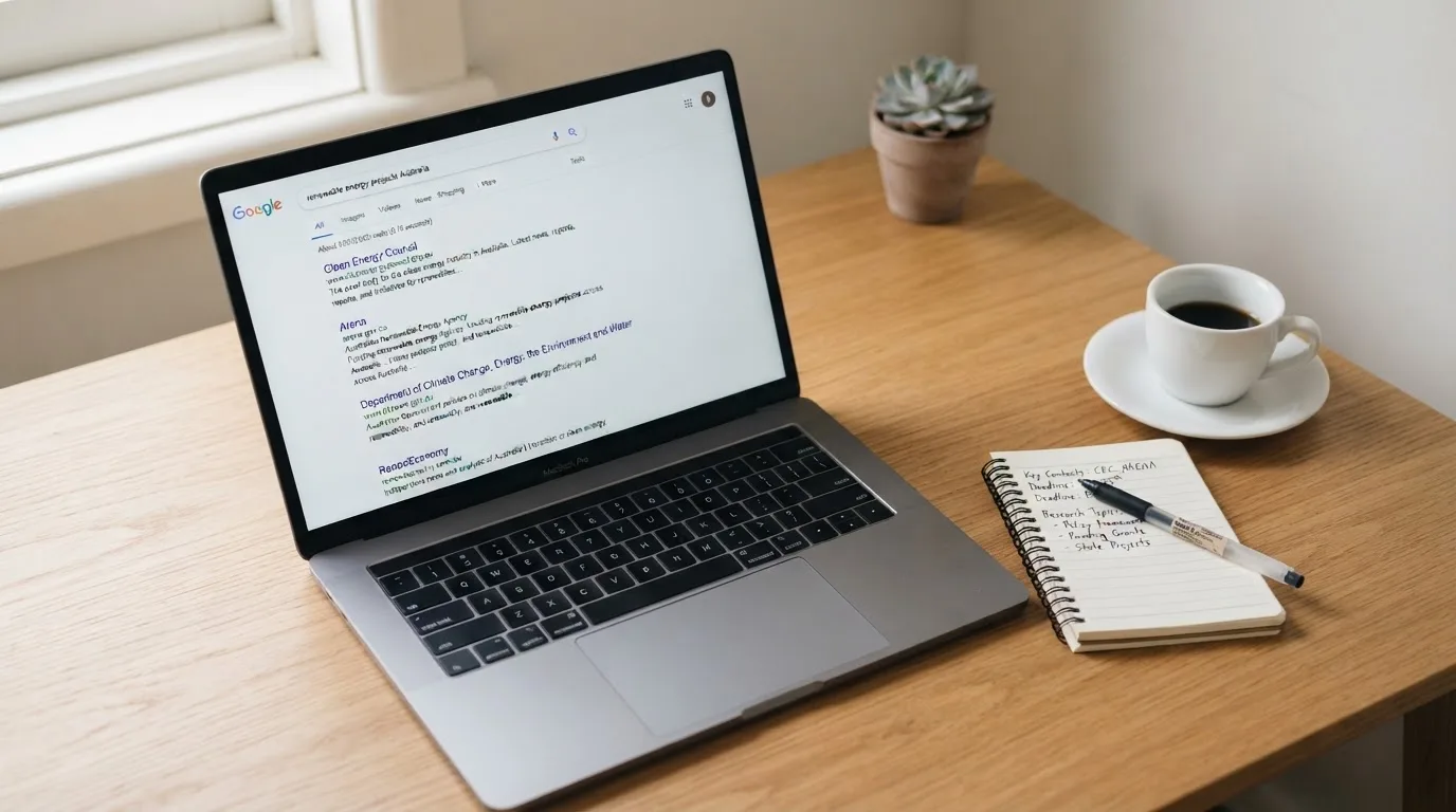 A tidy desk with a laptop open on a plain search-results page, a notebook and a coffee cup beside it, no screens showing any casino branding.