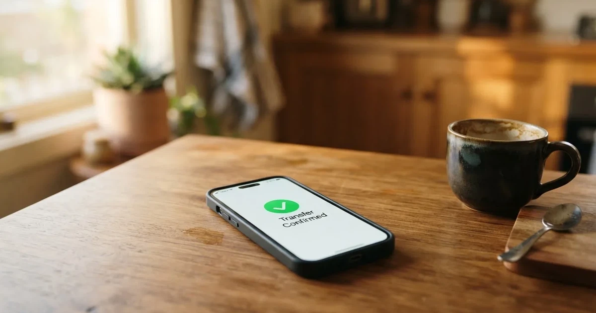 A smartphone screen showing a generic bank-transfer confirmation tick, held over a kitchen table.