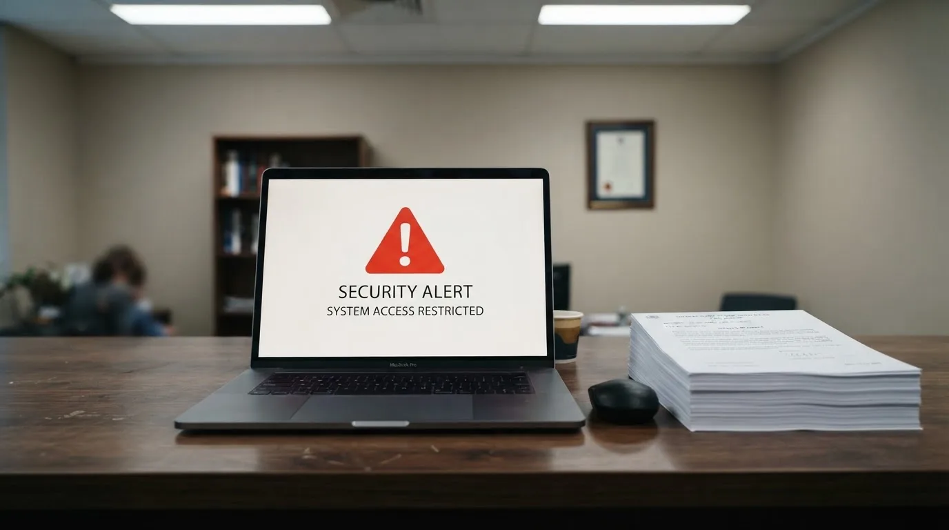 A red triangular warning sign icon on a laptop screen next to a stack of legal papers, symbolising an official caution rather than any specific website.