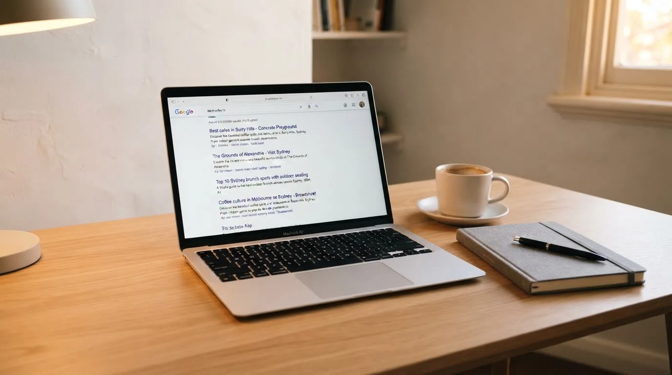 A tidy desk with a laptop open on a plain search-results page, a notebook and a coffee cup beside it, no screens showing any casino branding.