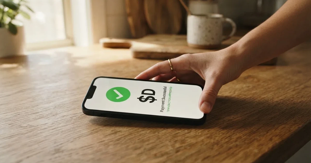 A smartphone screen showing a generic bank-transfer confirmation tick, held over a kitchen table.