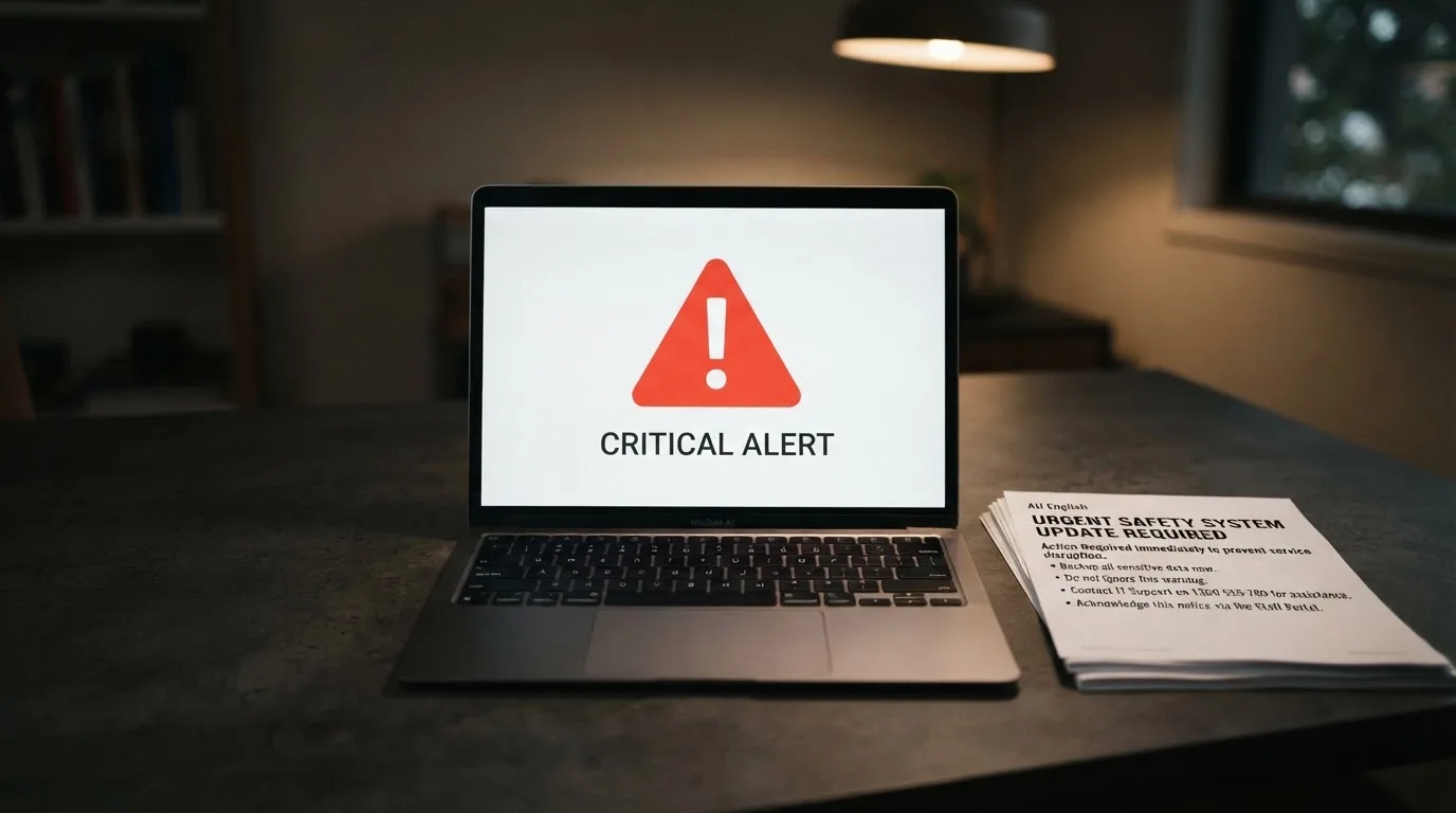 A red triangular warning sign icon on a laptop screen next to a stack of legal papers, symbolising an official caution rather than any specific website.