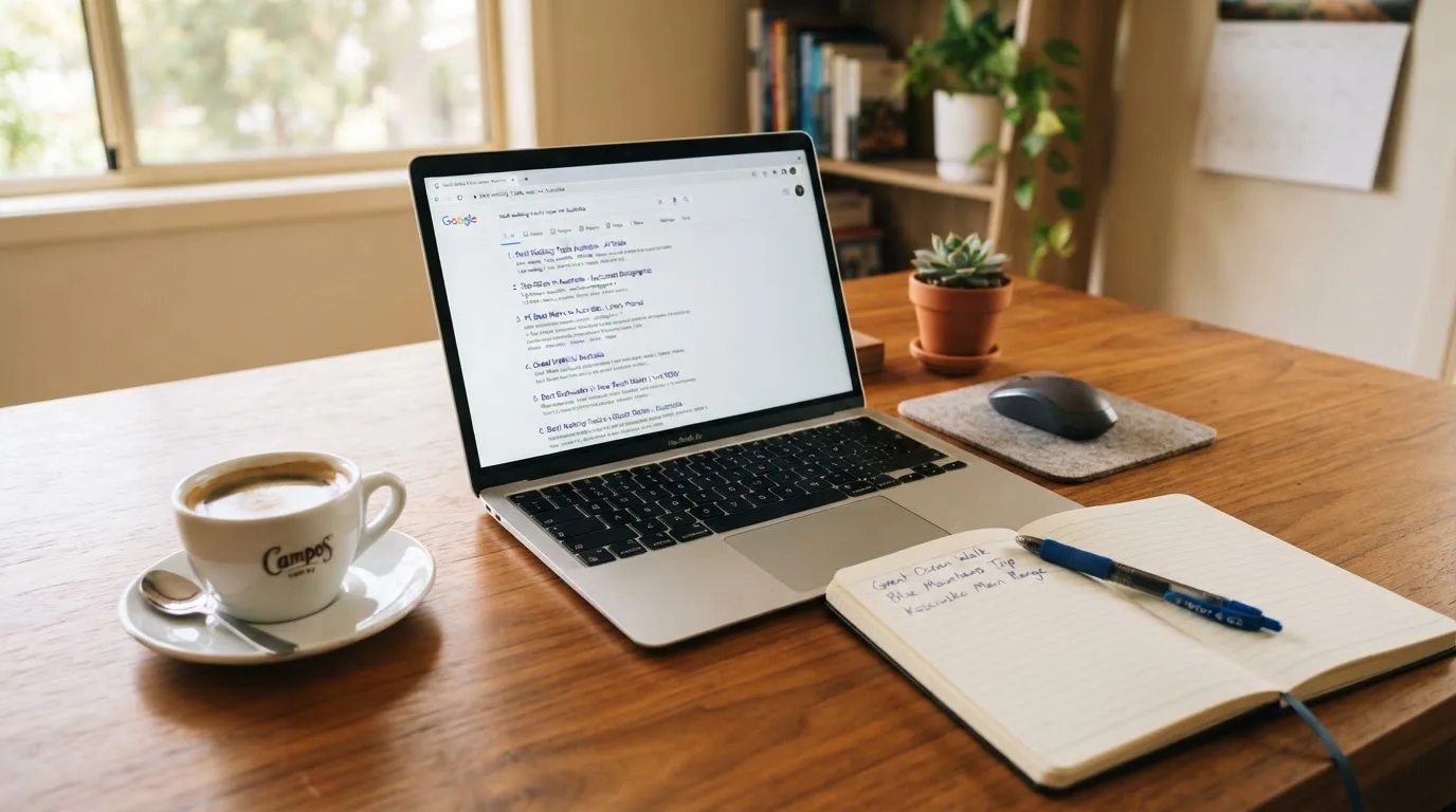 A tidy desk with a laptop open on a plain search-results page, a notebook and a coffee cup beside it, no screens showing any casino branding.