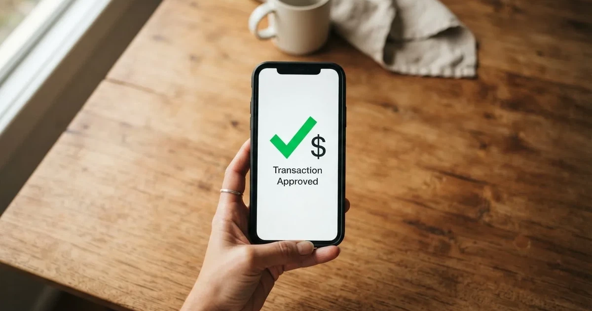 A smartphone screen showing a generic bank-transfer confirmation tick, held over a kitchen table.