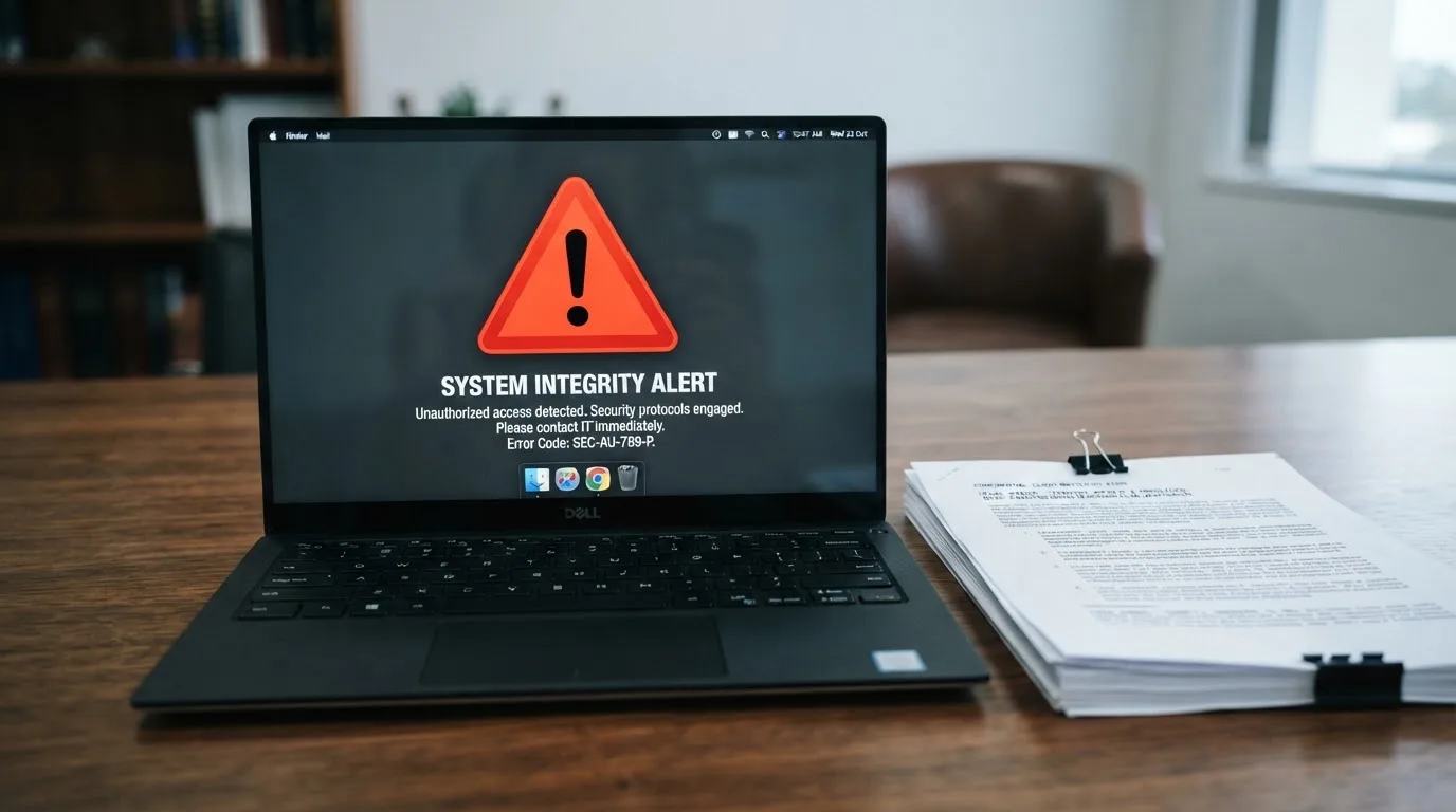 A red triangular warning sign icon on a laptop screen next to a stack of legal papers, symbolising an official caution rather than any specific website.