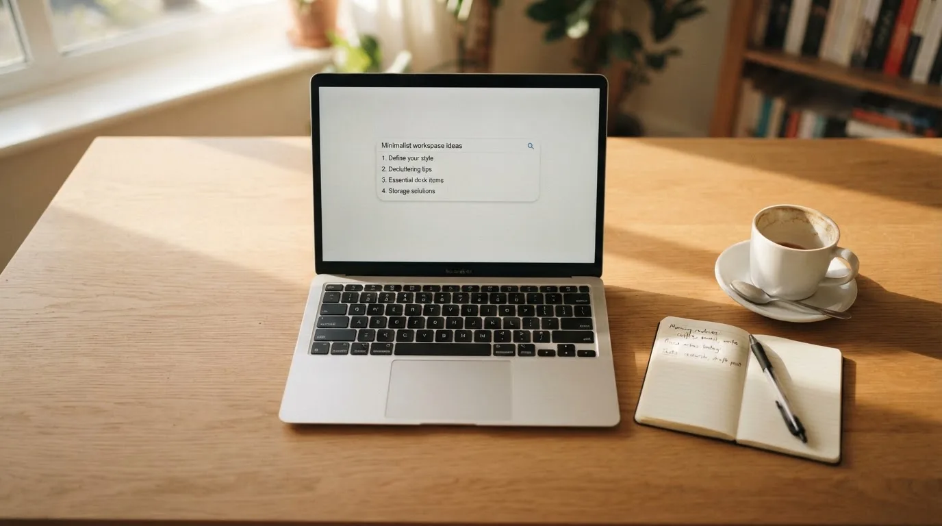 A tidy desk with a laptop open on a plain search-results page, a notebook and a coffee cup beside it, no screens showing any casino branding.