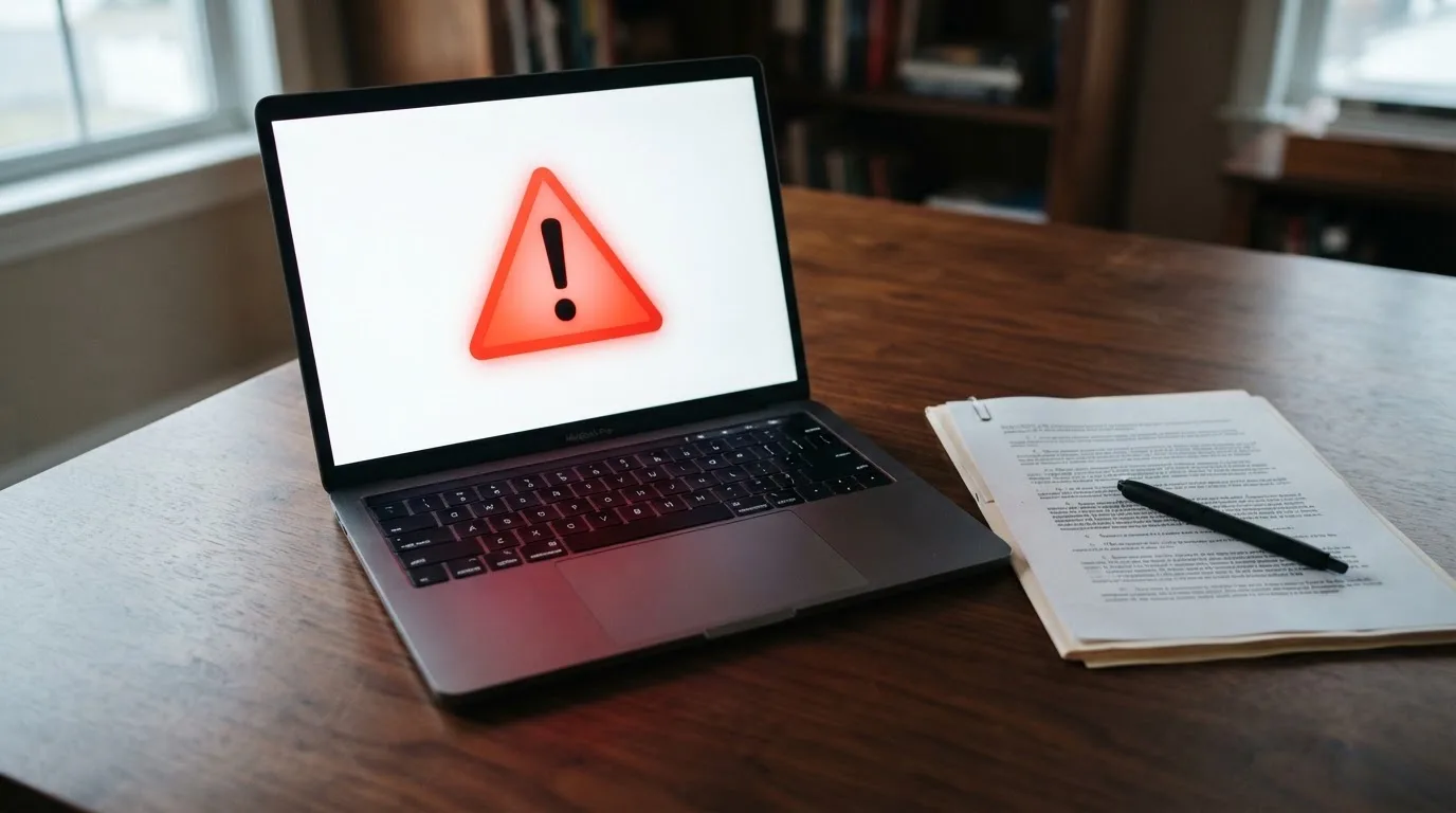 A red triangular warning sign icon on a laptop screen next to a stack of legal papers, symbolising an official caution rather than any specific website.