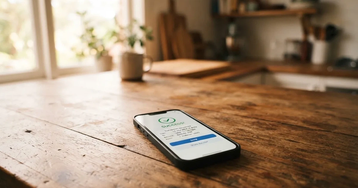 A smartphone screen showing a generic bank-transfer confirmation tick, held over a kitchen table.