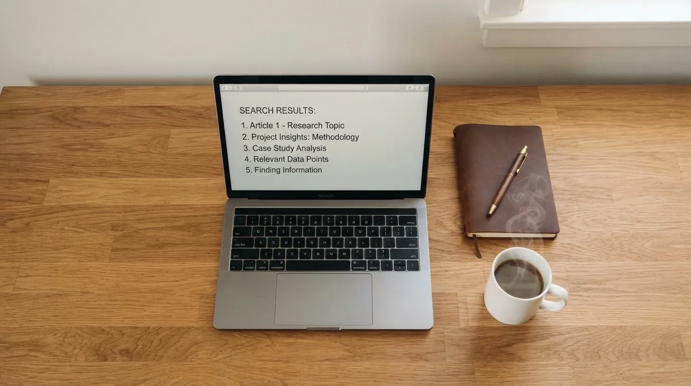 A tidy desk with a laptop open on a plain search-results page, a notebook and a coffee cup beside it, no screens showing any casino branding.