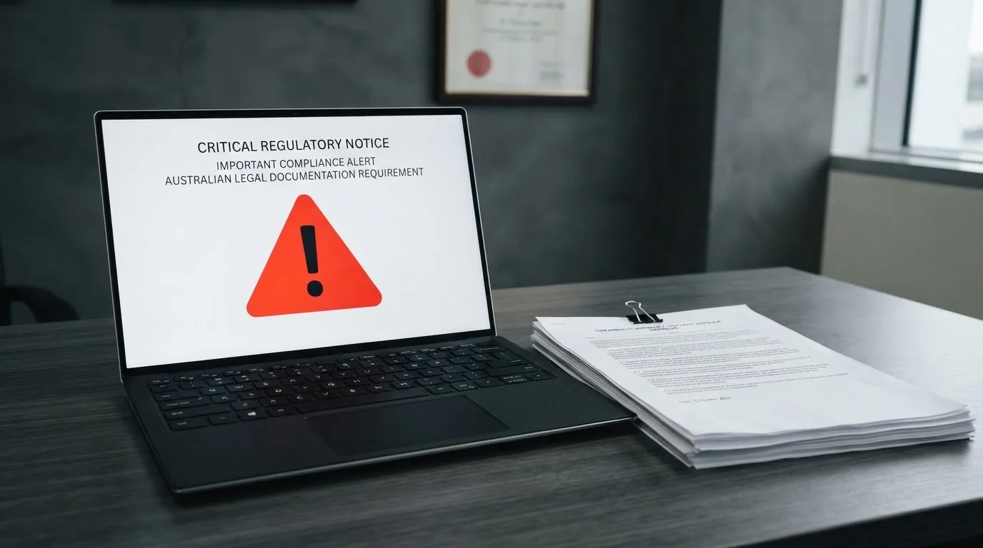 A red triangular warning sign icon on a laptop screen next to a stack of legal papers, symbolising an official caution rather than any specific website.